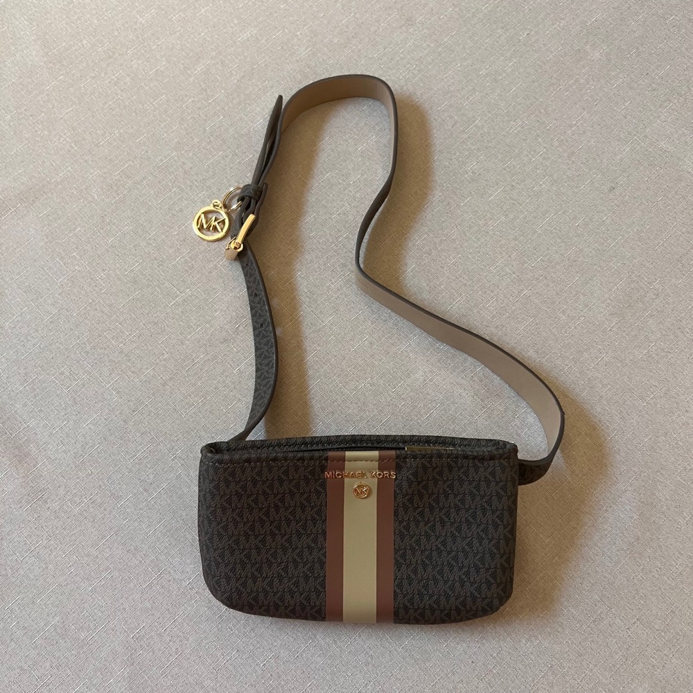 Michael Kors Brown Signature Logo Belt Bag Crossbody Gold Hardware Stripe